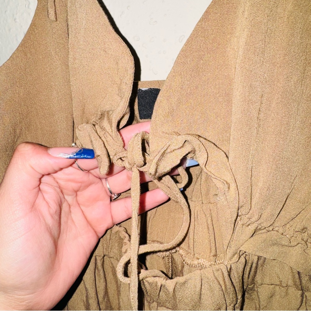 VICI Tie Sleeve Brown Keyhole Ruffle Bell Leg Jumpsuit - Picture 7 of 7